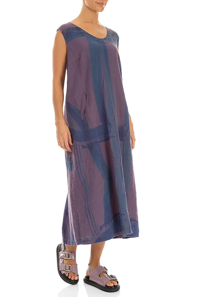 Soft V-Neck Amethyst Brushstroke Linen Dress 2