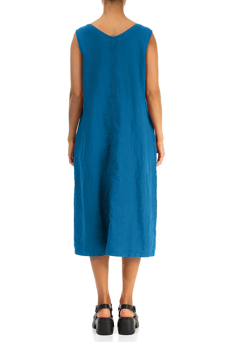 Soft V-Neck Cobalt Blue Linen Dress 2
