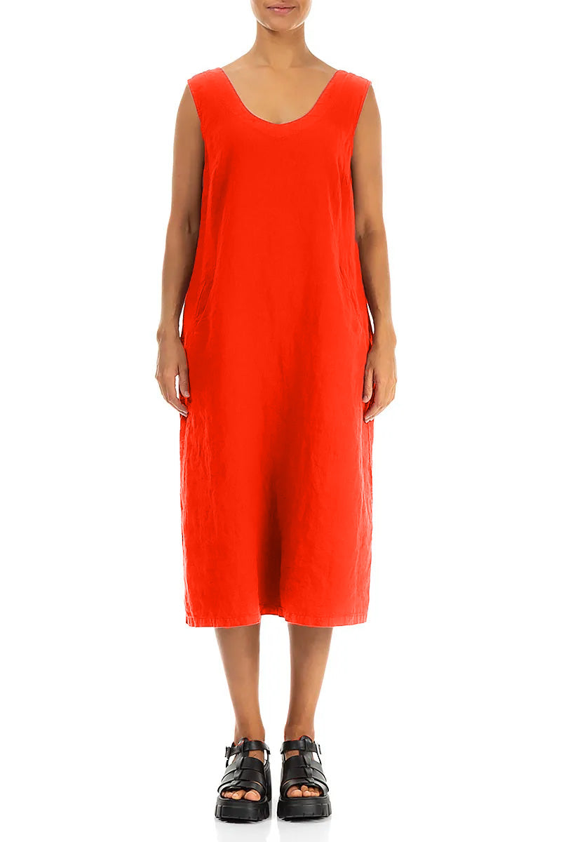 Robe en lin douce couleur orange flammé à col en V