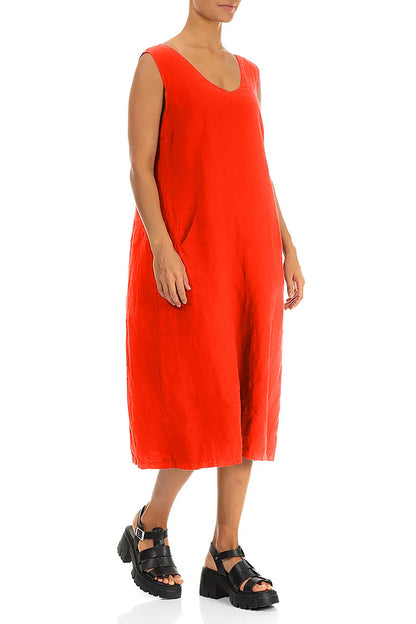 Robe en lin douce couleur orange flammé à col en V