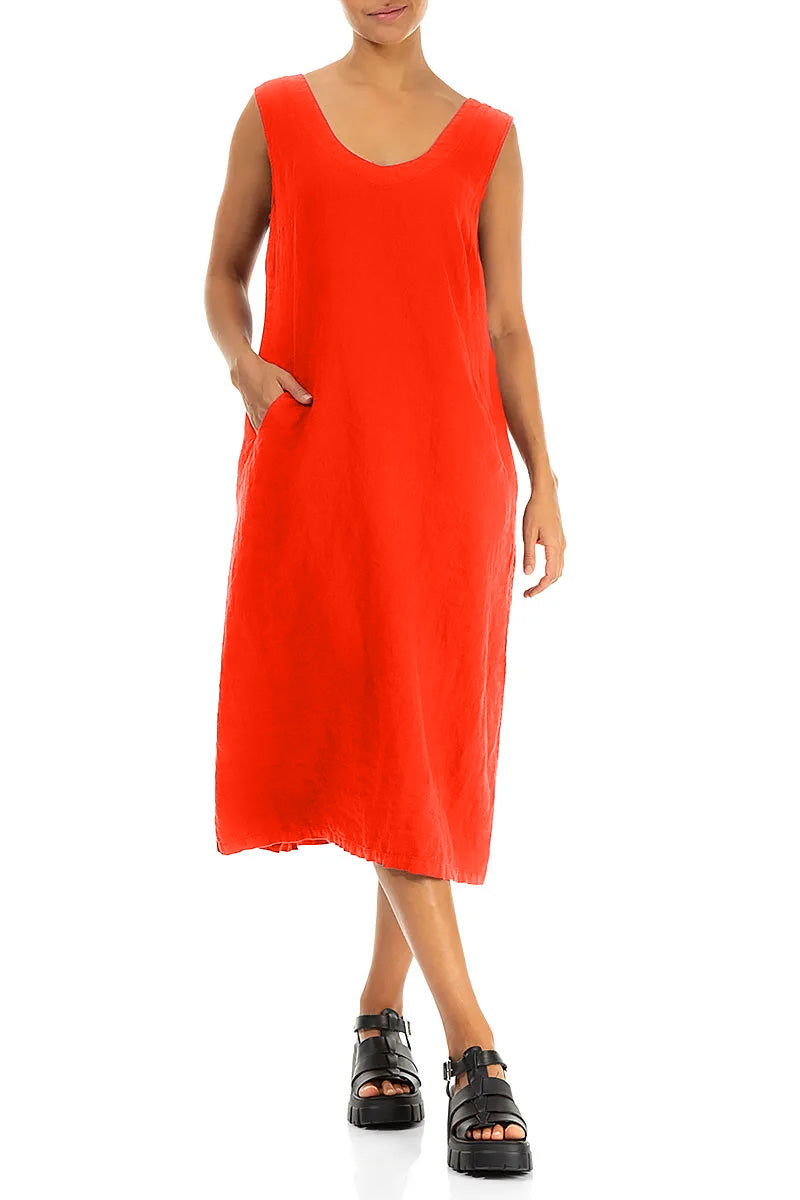 Robe en lin douce couleur orange flammé à col en V