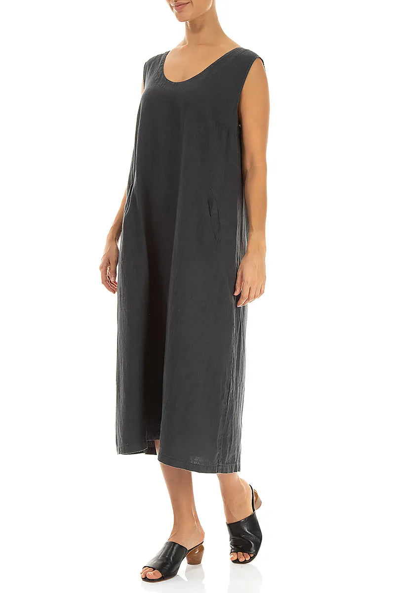 Soft V-Neck Graphite Linen Dress