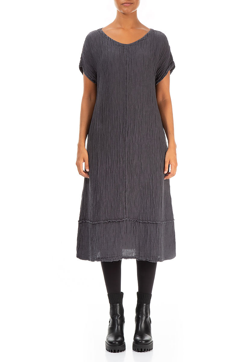 Soft V-Neck Steel Crinkled Silk Dress