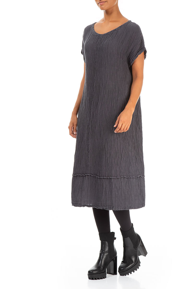 Soft V-Neck Steel Crinkled Silk Dress