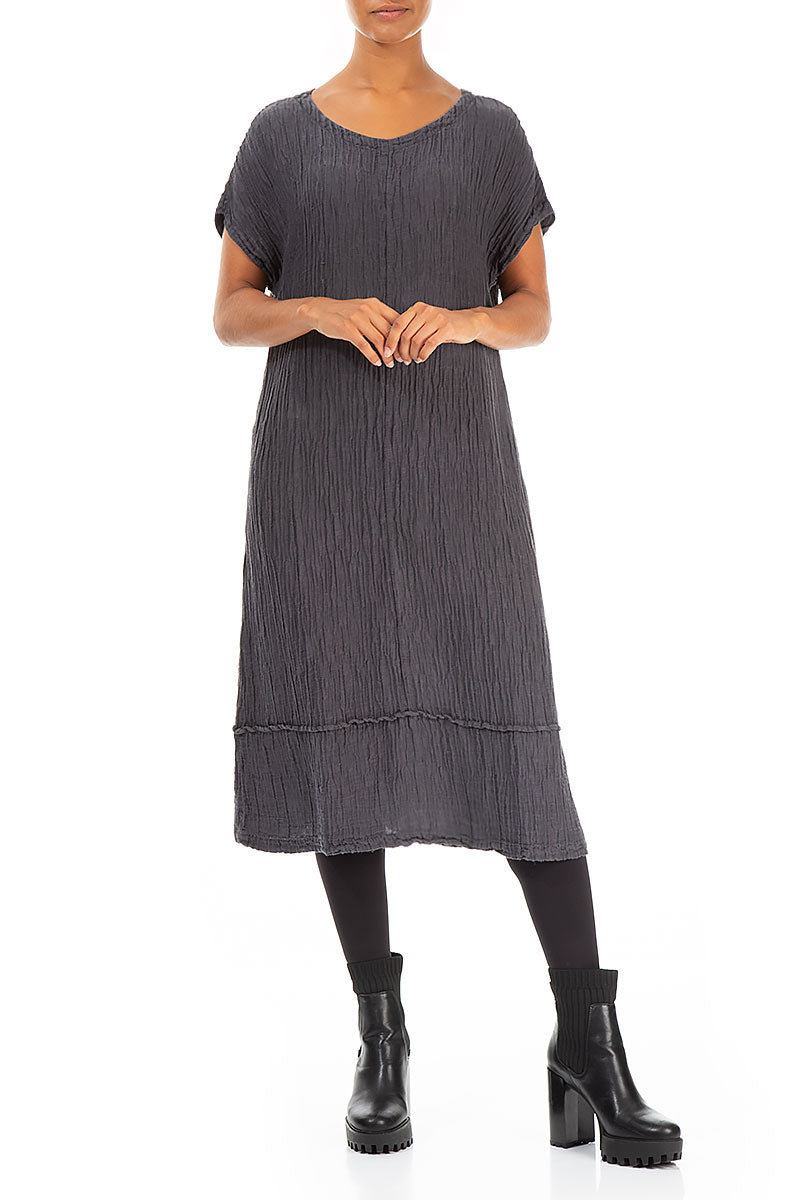 Soft V-Neck Steel Crinkled Silk Dress