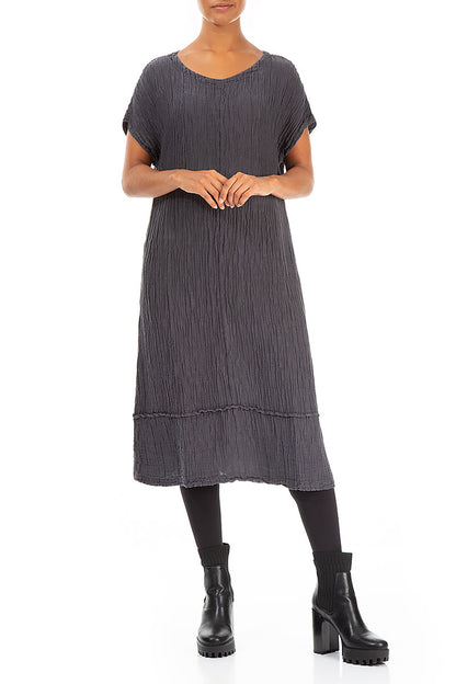 Soft V-Neck Steel Crinkled Silk Dress