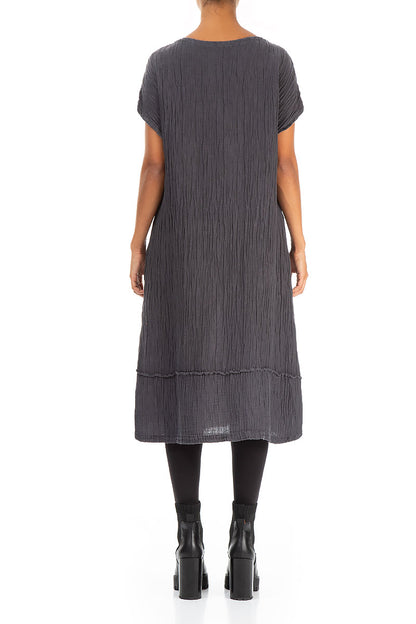 Soft V-Neck Steel Crinkled Silk Dress