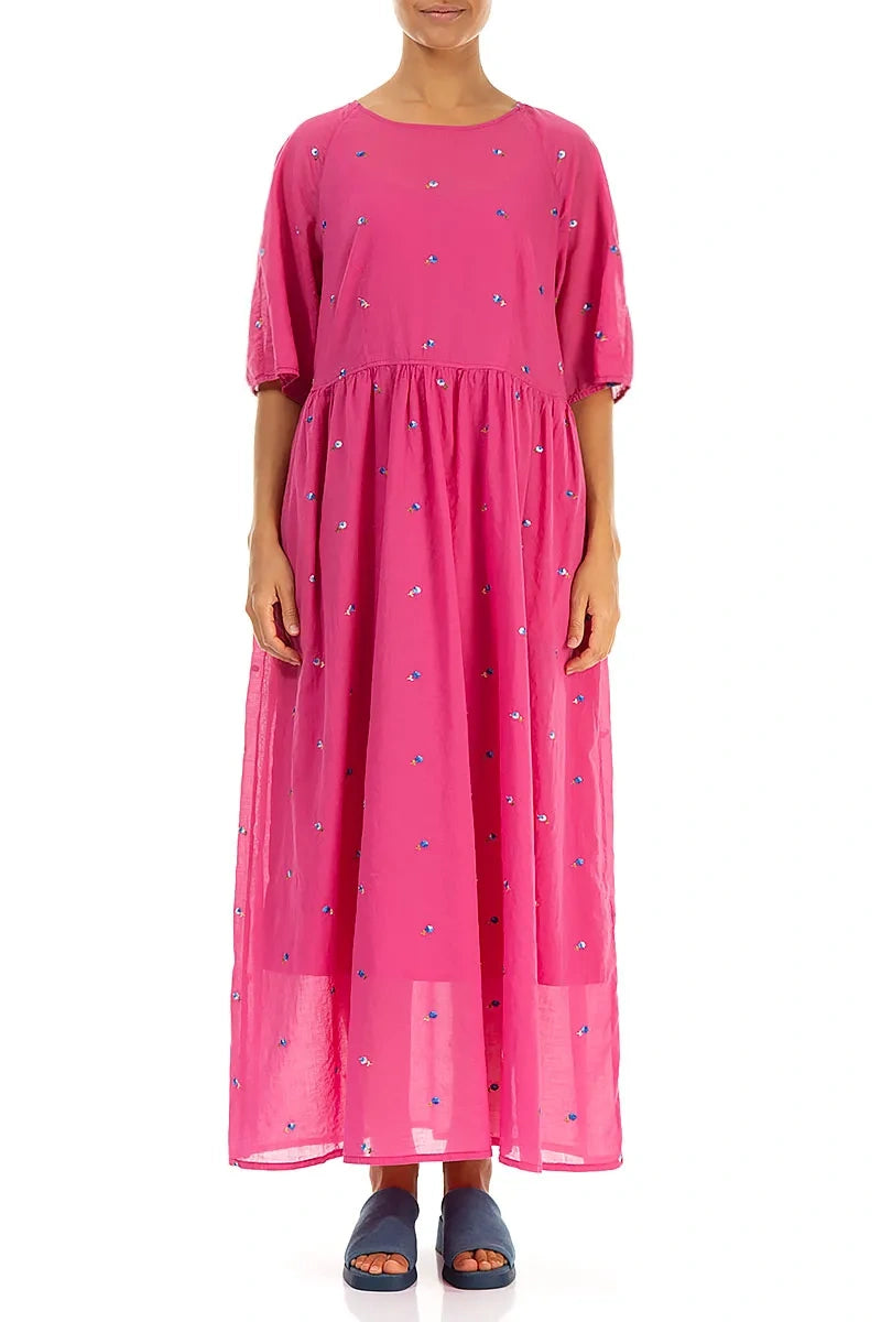 Soft Volume Fuchsia Embroidered Petals Cotton Dress 1