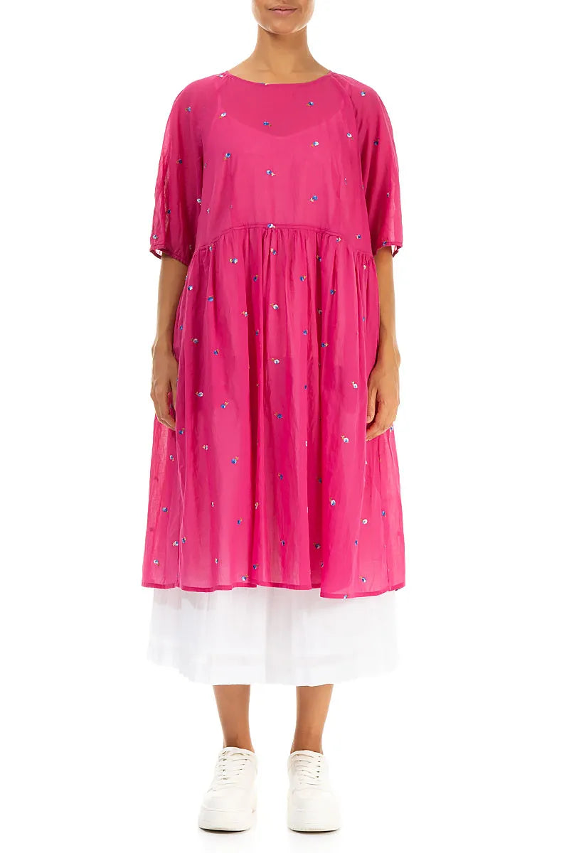 Soft Volume Fuchsia Embroidered Petals Cotton Midi Dress 1