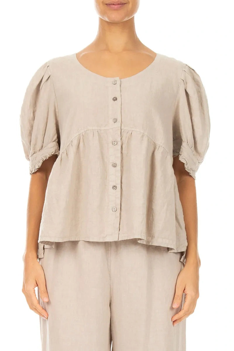 Soft Volume Sleeve Beige Linen Shirt 1