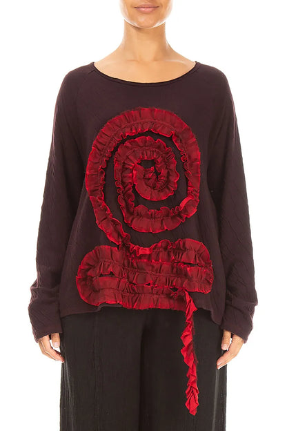 Spiral Detail Cherry Red Wavy Cotton Blouse