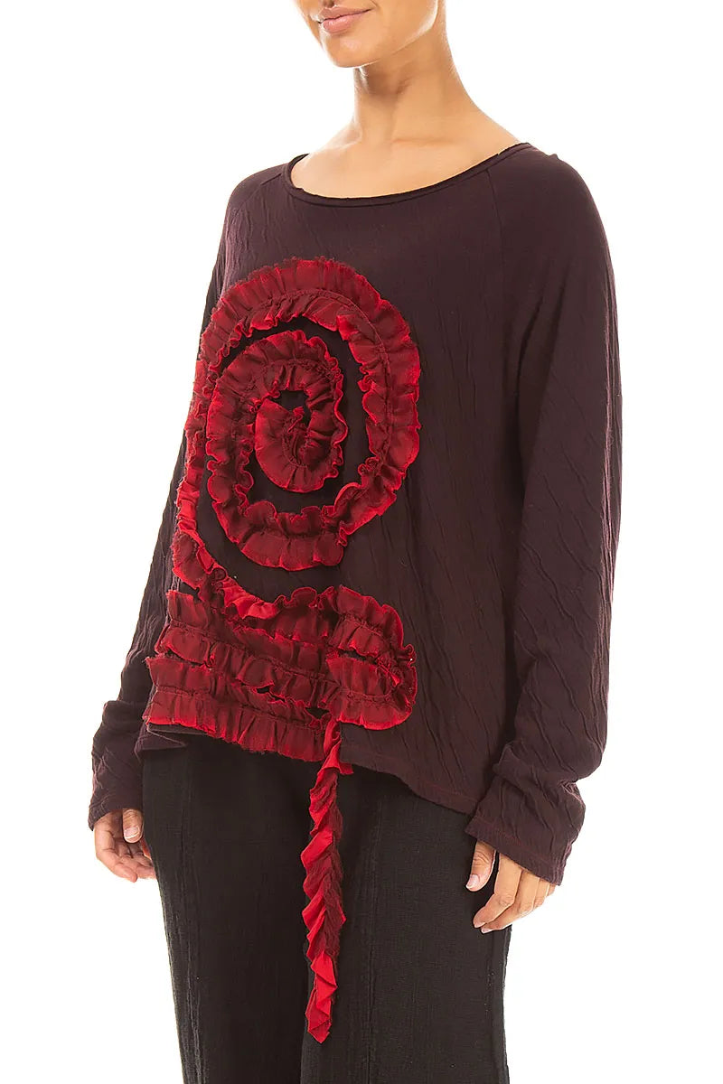 Spiral Detail Cherry Red Wavy Cotton Blouse
