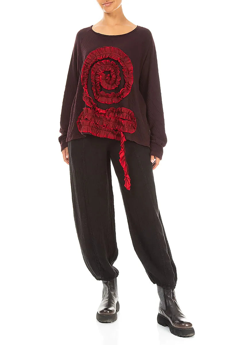Spiral Detail Cherry Red Wavy Cotton Blouse