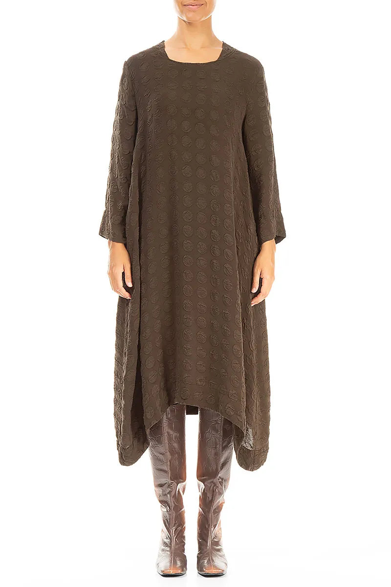 Square Neck Bubble Forest Brown Silk Dress 1