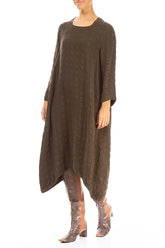 Square Neck Bubble Forest Brown Silk Dress 3