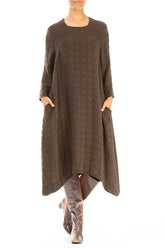 Square Neck Bubble Forest Brown Silk Dress 4