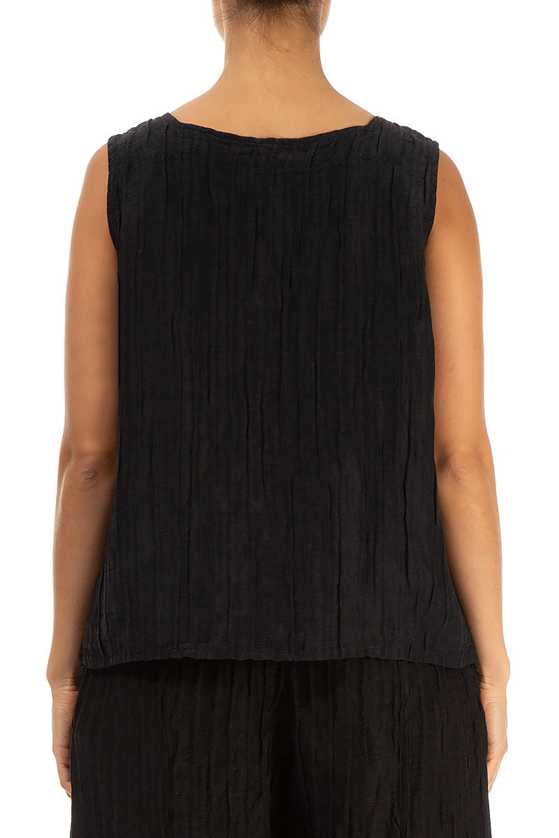 Square Neck Crinkled Black Silk Linen Blouse 2