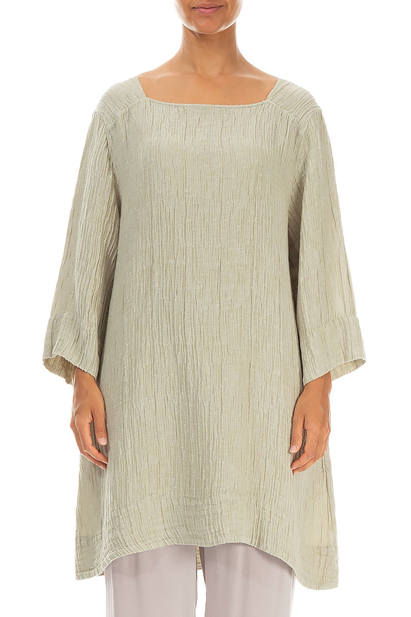 Square Neck Crinkled Laurel Green Silk Tunic 1