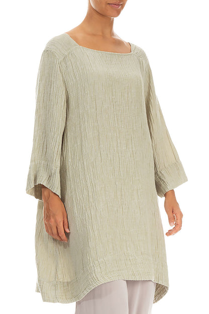 Square Neck Crinkled Laurel Green Silk Tunic 3