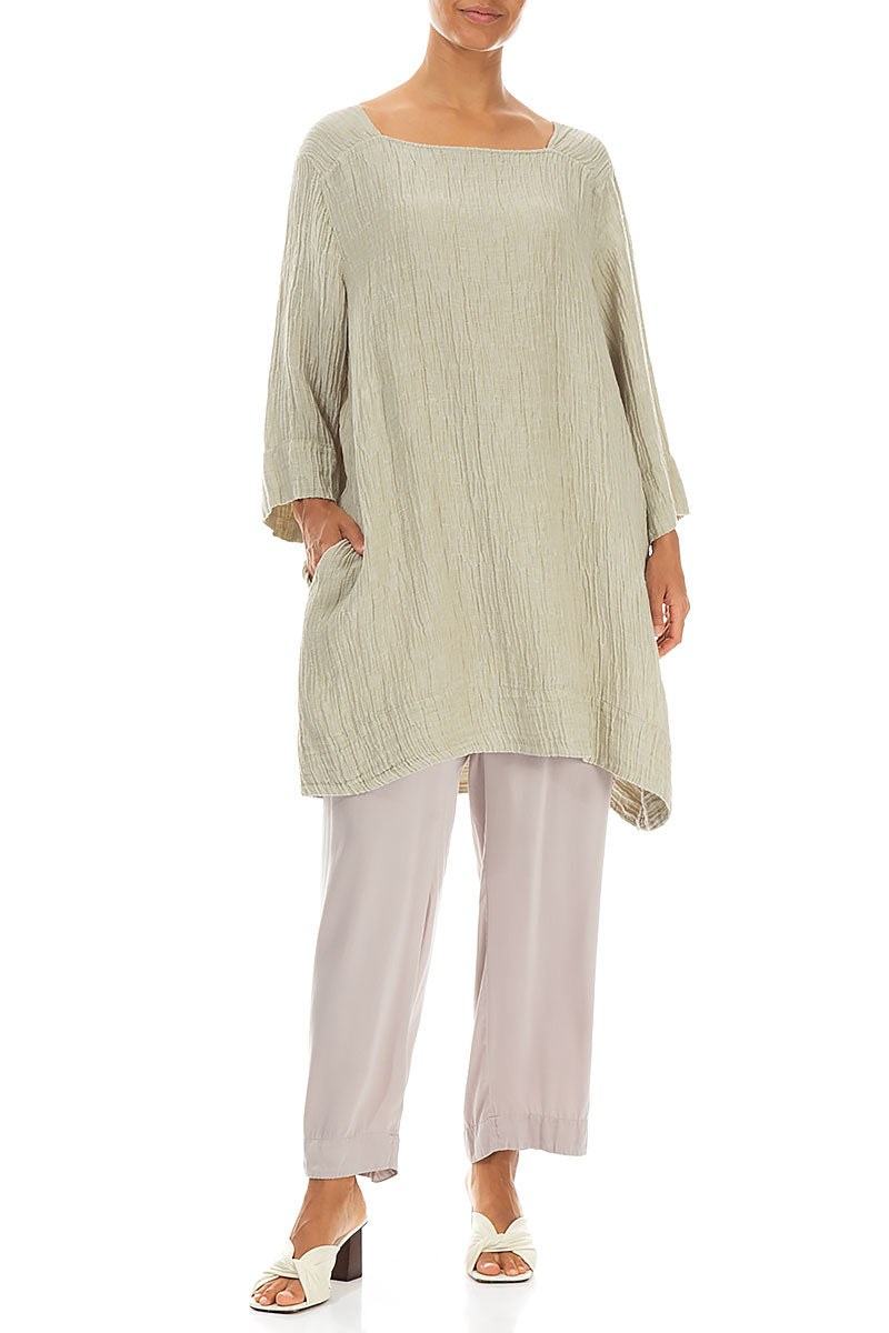Square Neck Crinkled Laurel Green Silk Tunic 4