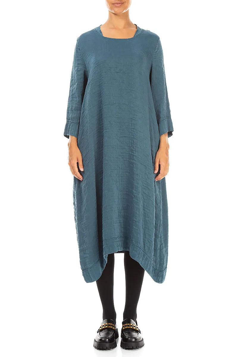 Square Neck Textured Deep Turquoise Silk Dress