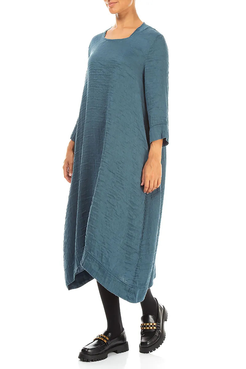 Square Neck Textured Deep Turquoise Silk Dress
