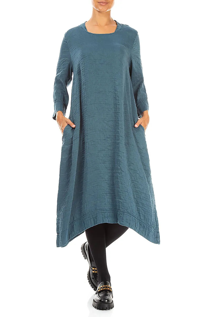 Square Neck Textured Deep Turquoise Silk Dress 4