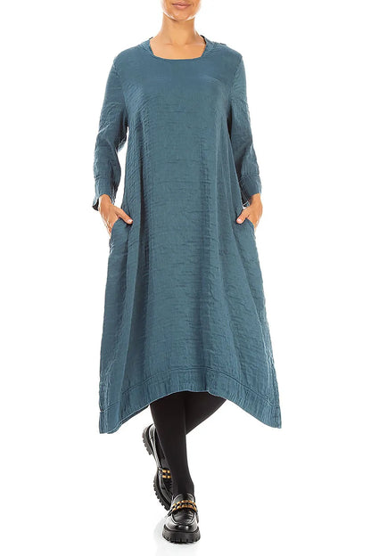 Square Neck Textured Deep Turquoise Silk Dress