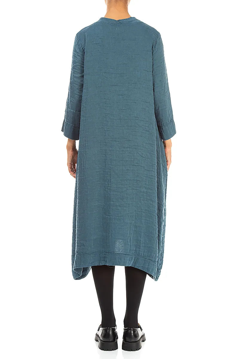 Square Neck Textured Deep Turquoise Silk Dress