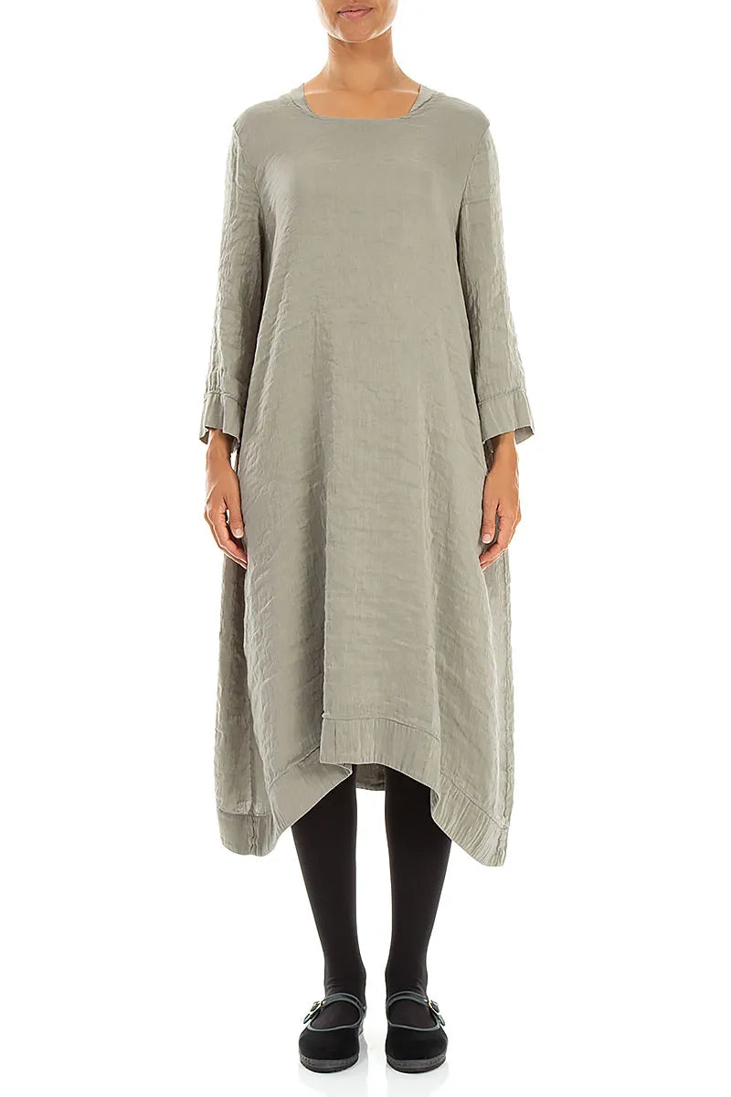 Square Neck Textured Olive Grey Silk Dress