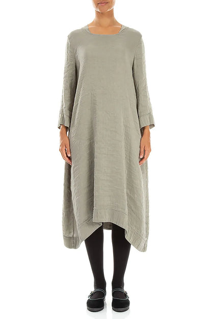 Square Neck Textured Olive Grey Silk Dress