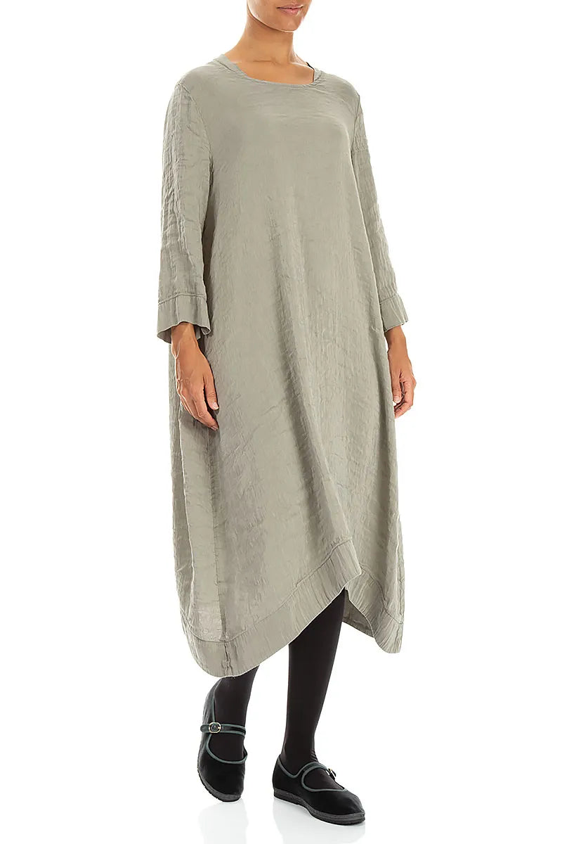 Square Neck Textured Olive Grey Silk Dress