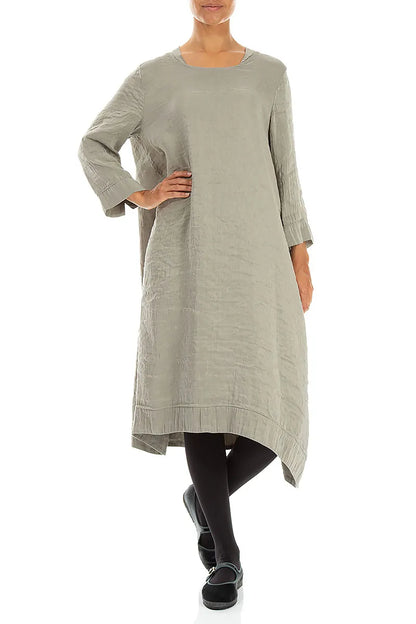 Square Neck Textured Olive Grey Silk Dress