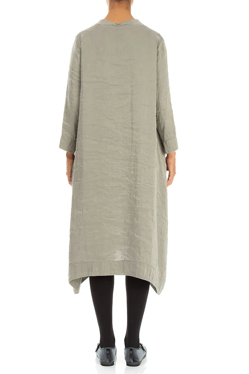 Square Neck Textured Olive Grey Silk Dress