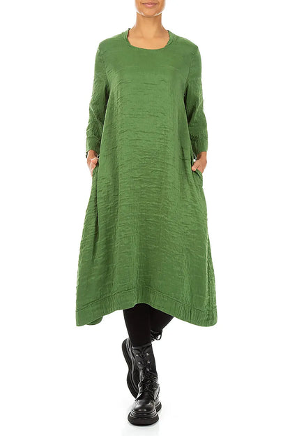 Square Neck Textured Shamrock Green Silk Dress