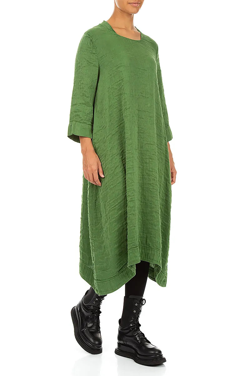 Square Neck Textured Shamrock Green Silk Dress