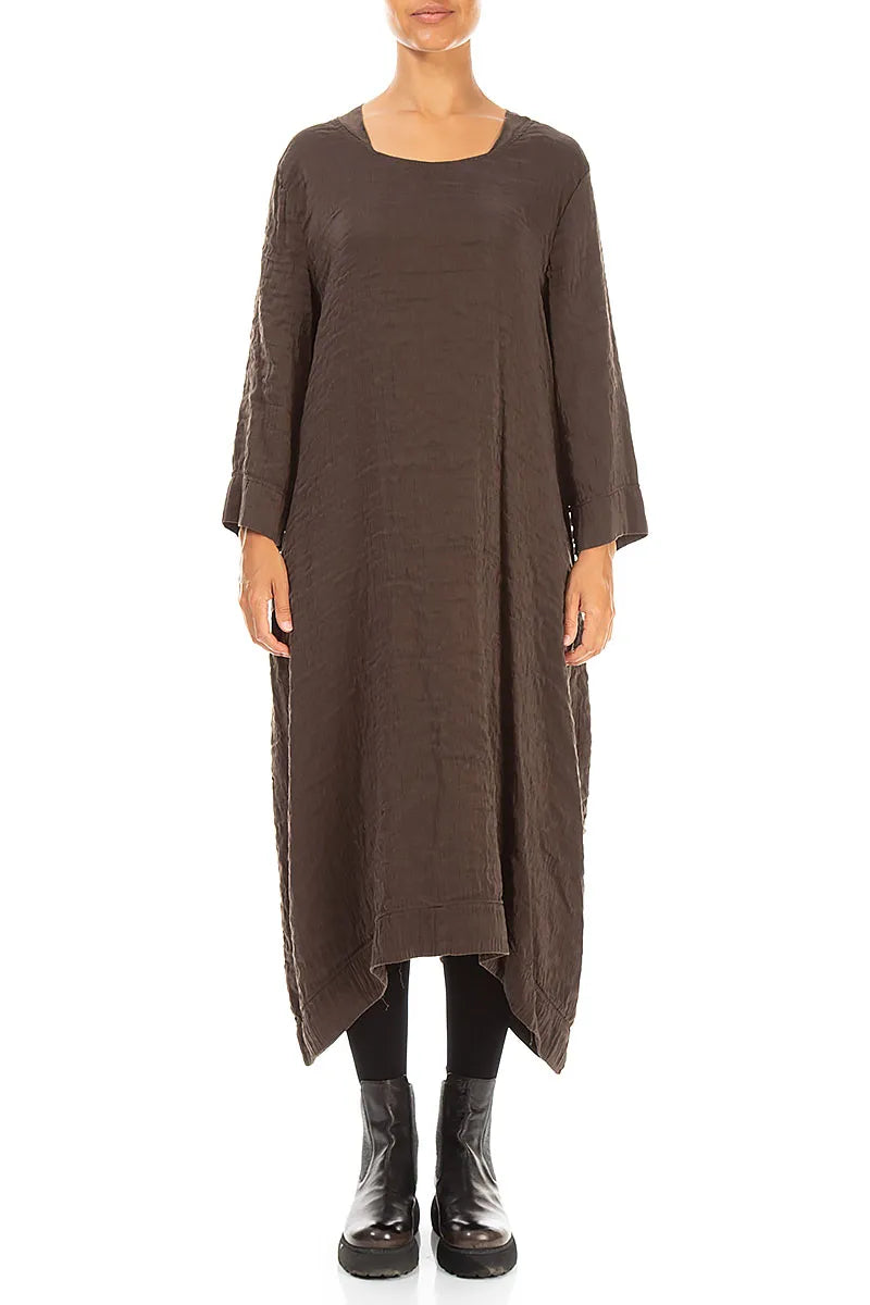 Square Neck Textured Truffle Brown Silk Dress