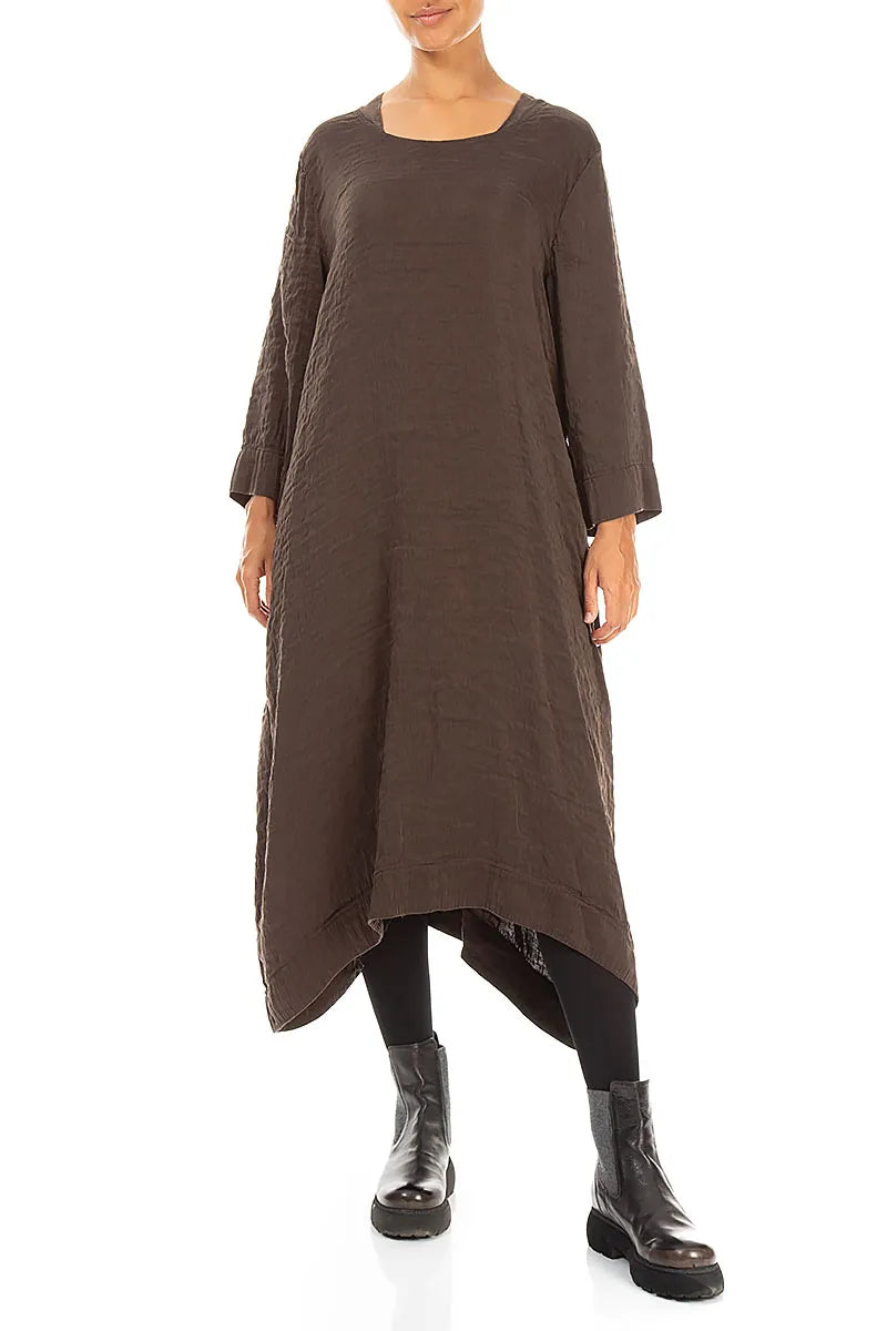 Square Neck Textured Truffle Brown Silk Dress