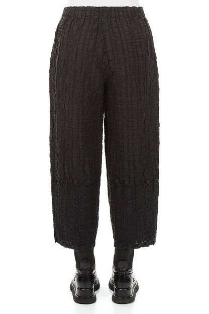 Straight Black Checkered Linen Cotton Trousers
