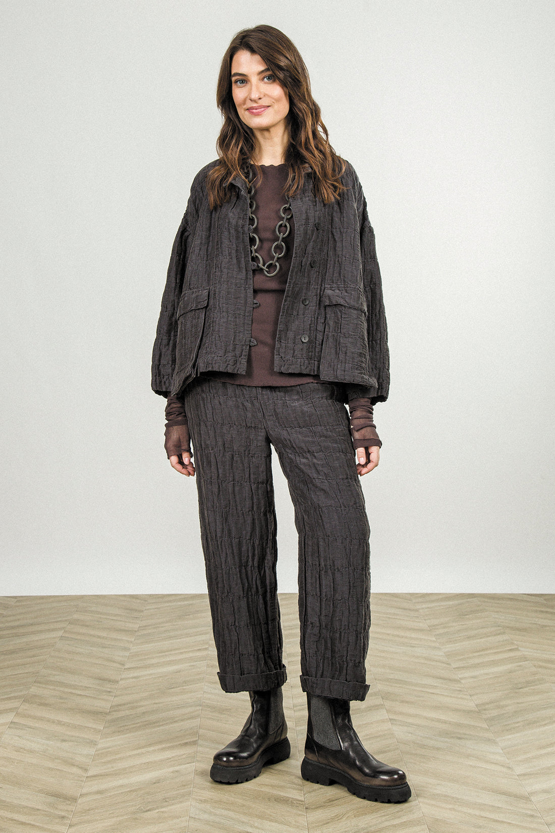 Straight Charcoal Pleated Silk Linen Trousers 8