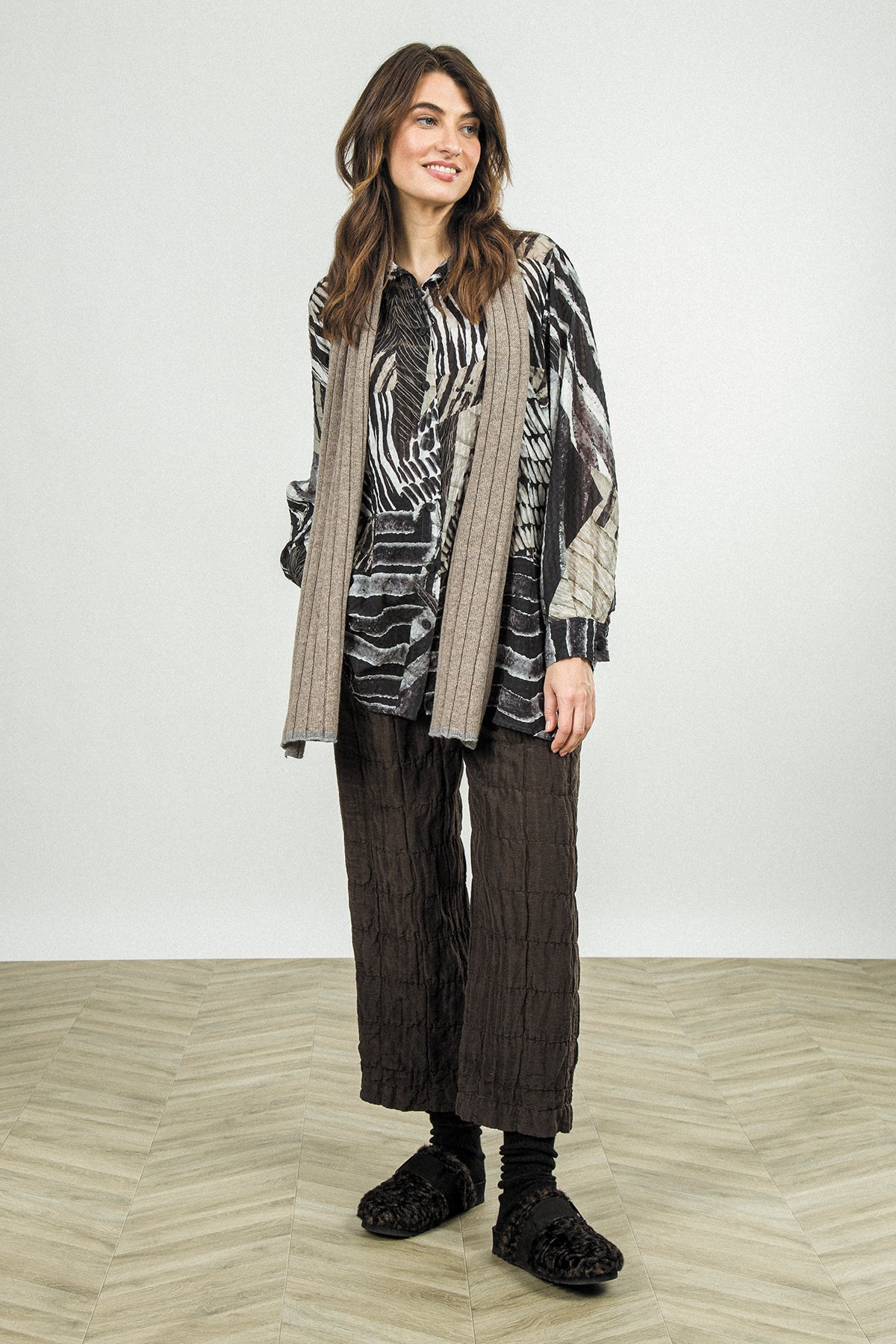 Straight Charcoal Pleated Silk Linen Trousers