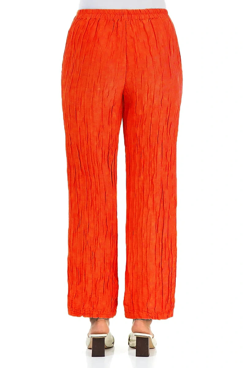 Straight Crinkled Flame Orange Silk Linen Trousers 2