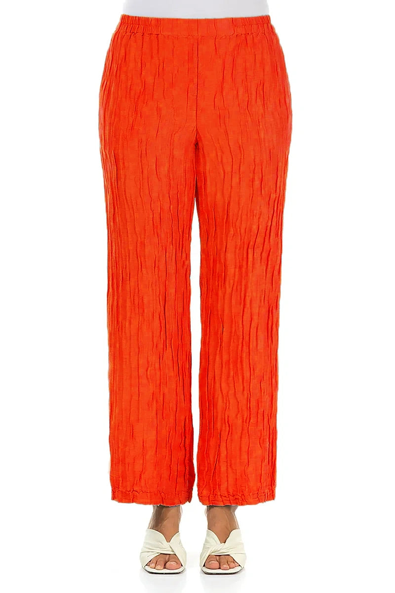 Straight Crinkled Flame Orange Silk Linen Trousers 1