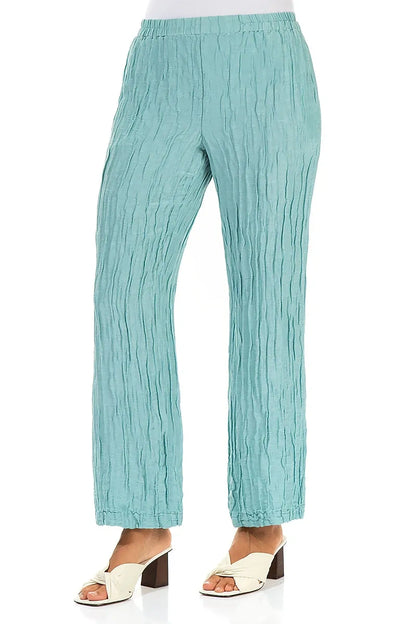 Straight Crinkled Mint Silk Linen Trousers 3