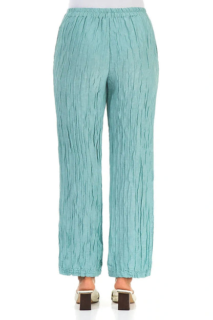 Straight Crinkled Mint Silk Linen Trousers 2