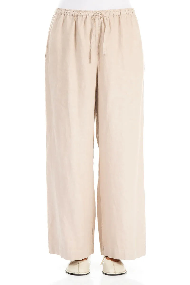Straight Tie Up Beige Linen Trousers 1