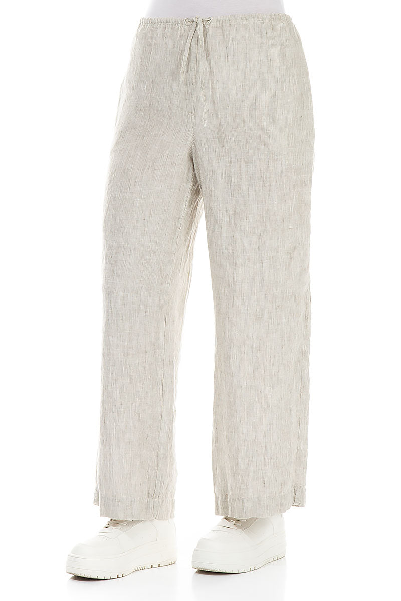 Straight Tie Up Striped Sand Linen Trousers 3