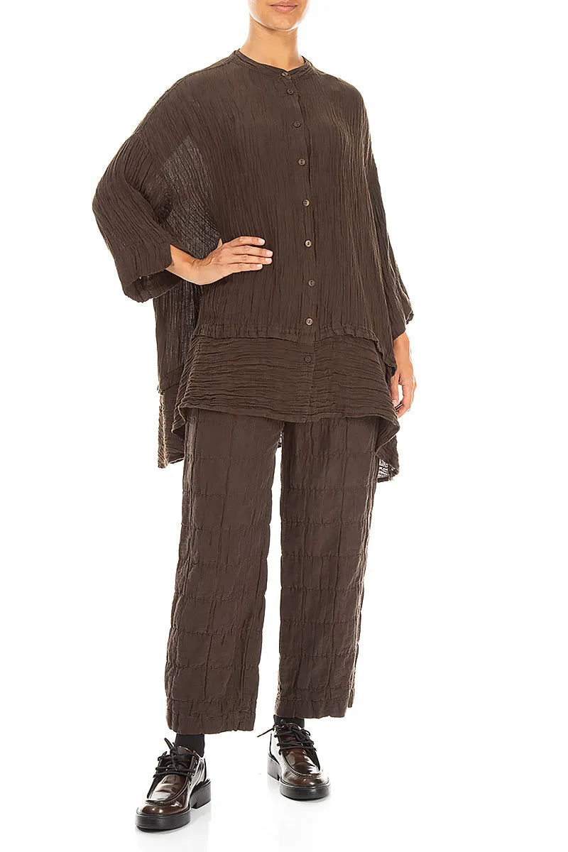 Straight Truffle Brown Pleated Silk Linen Trousers 4
