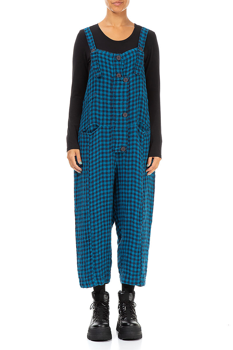 Strappy Blue Check Linen Jumpsuit 1