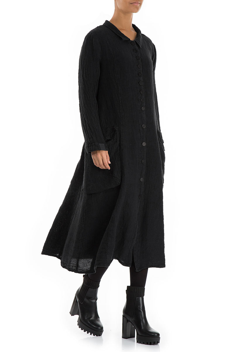 Long Buttonline Black Mélange Linen Jacket 4